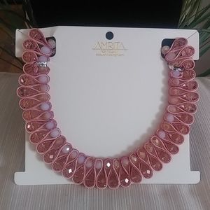 Pink gem and pearl ribbon look necklace
